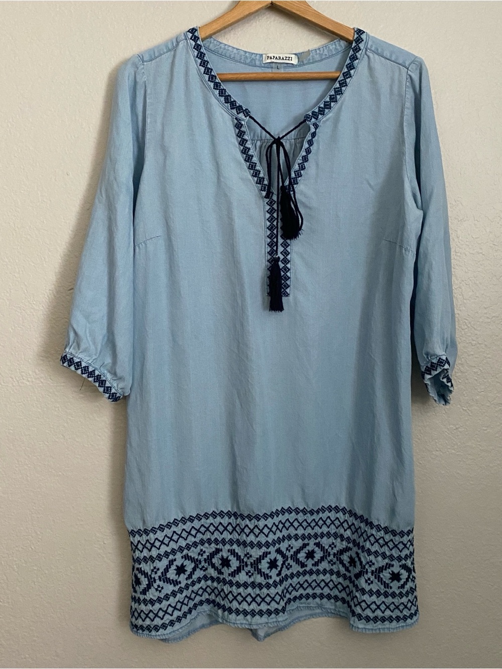 PAPARAZZI Tunic Dress Women's L Blue Lyocell Chambray Boho Embroidered Tassels